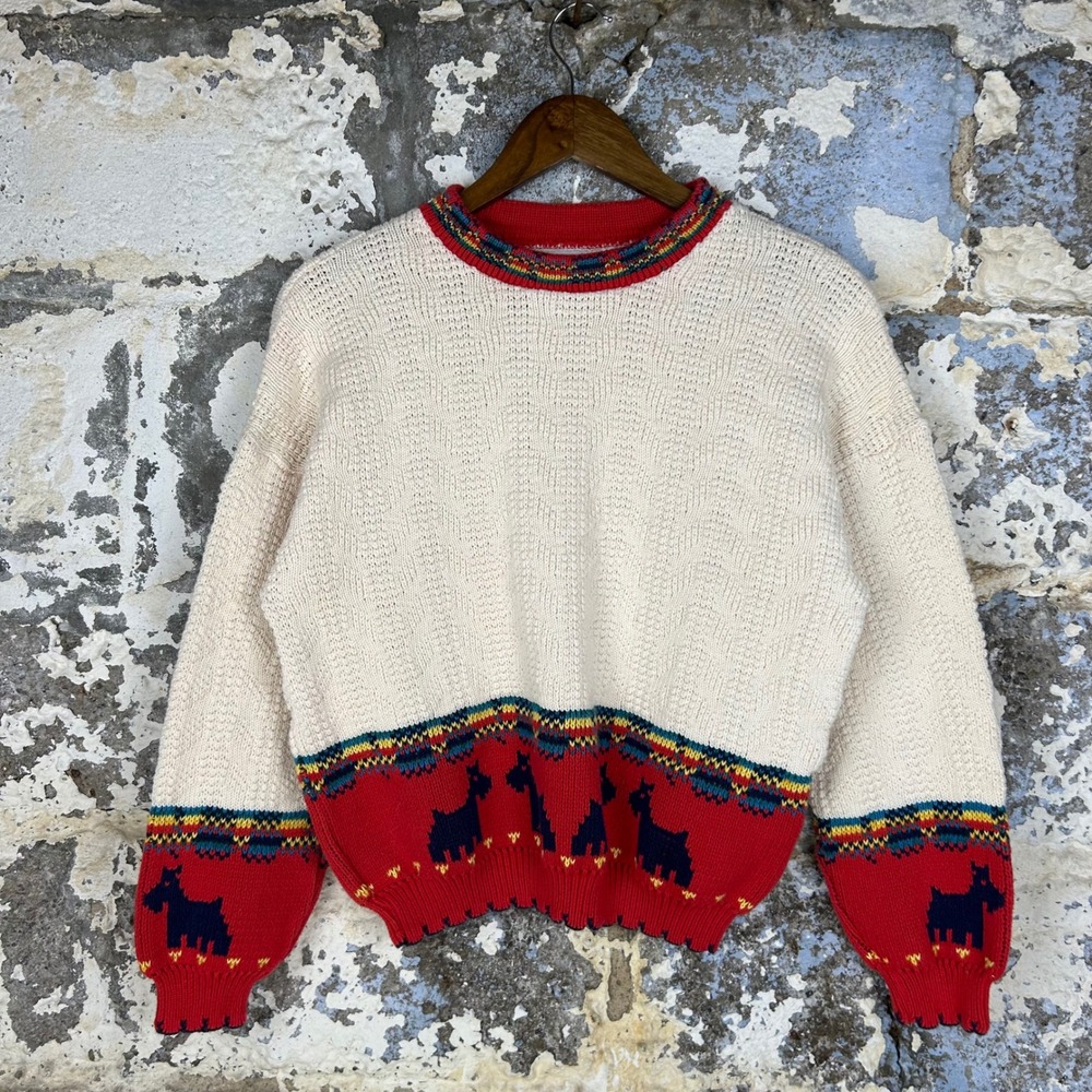 Vintage Sweater Loft Dog Knit Sweater Cream Red Fair Isle Womens M